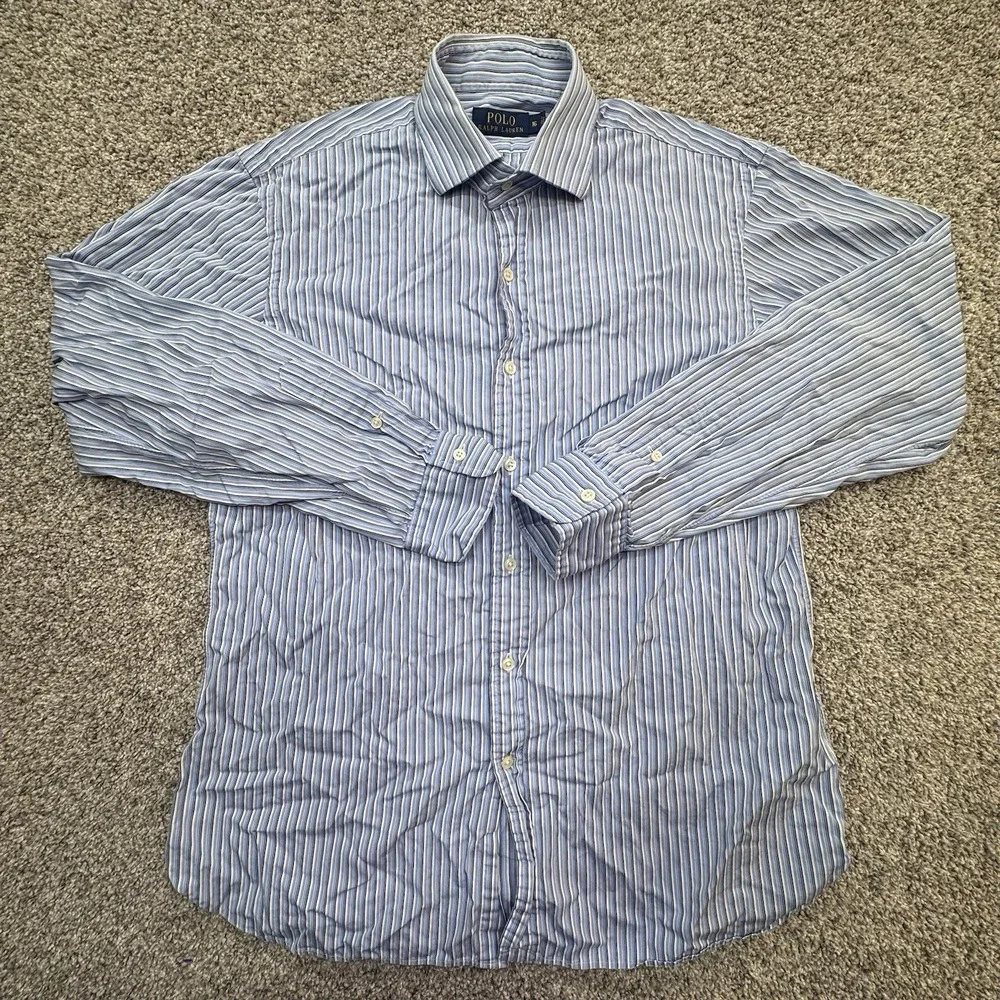 Polo Ralph Lauren Long‎ Sleeve Button Blue White Striped Shirt Pony 16